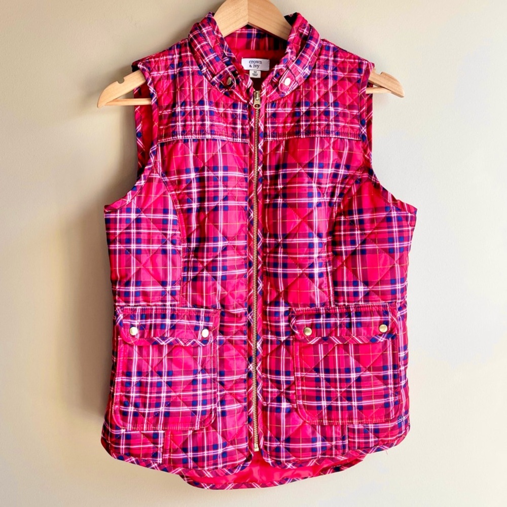 Crown & Ivy Red Tartan Plaid Icon Quilted Puffer Vest